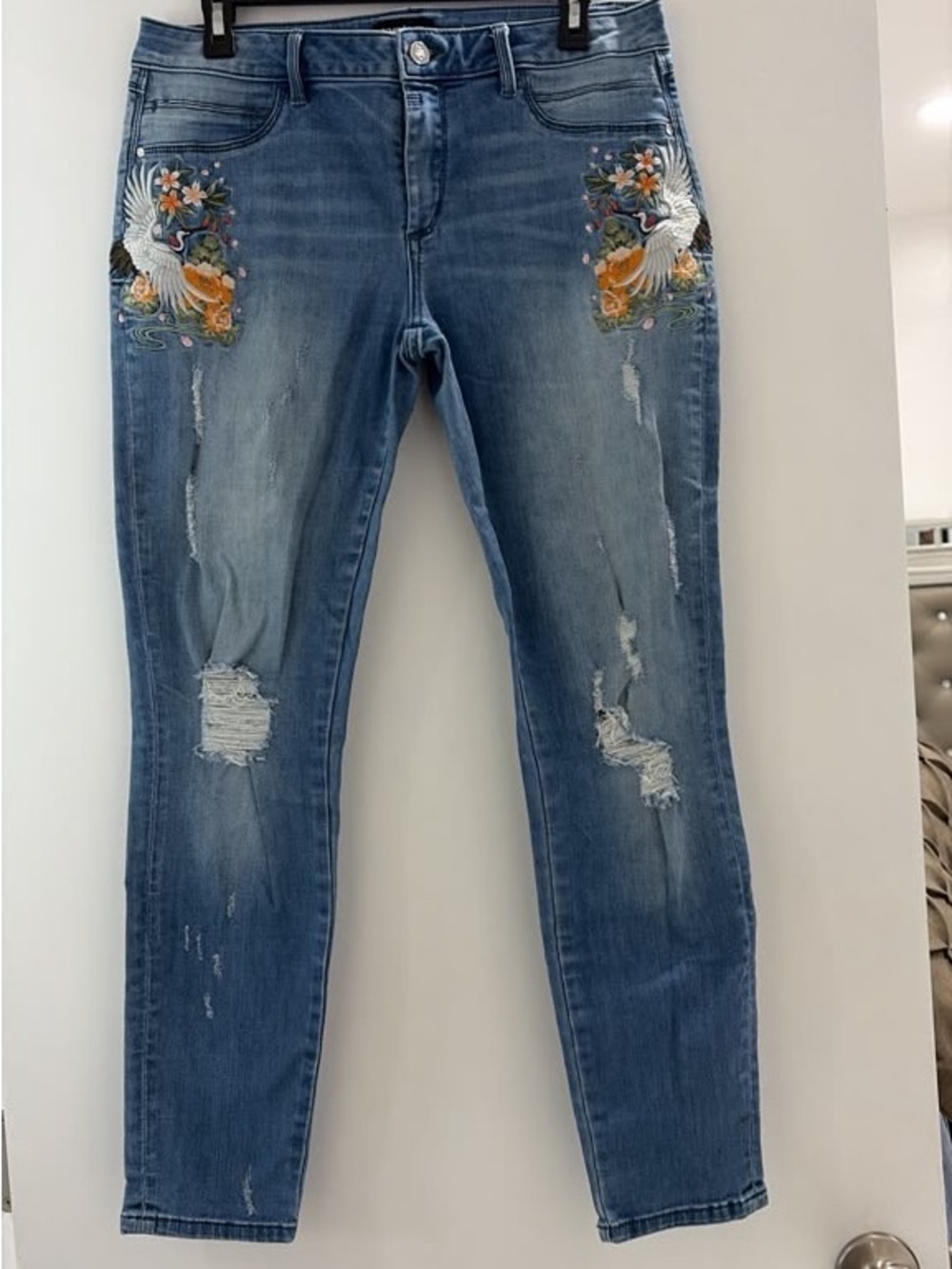 bebe Medium Blue Straight-Leg Jeans with Floral Embroidery - Picture 2 of 4